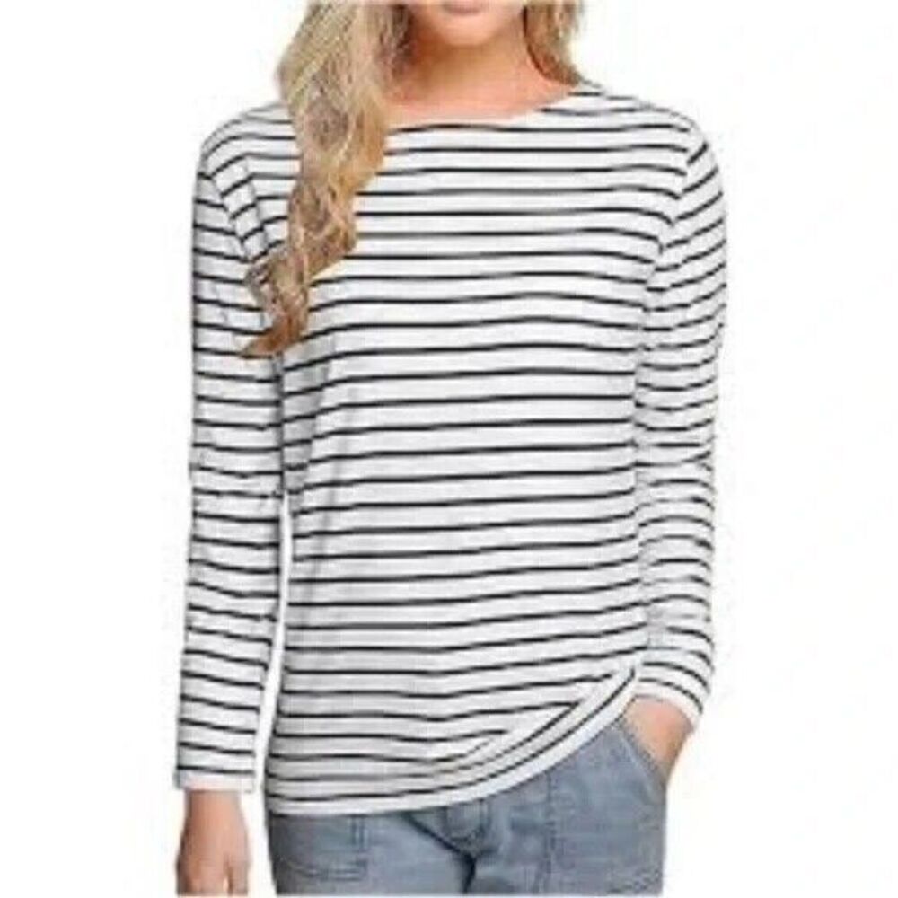 UnTuckIt Size M Womens T Shirt Top Black White Knit Long Sleeve Leoville
